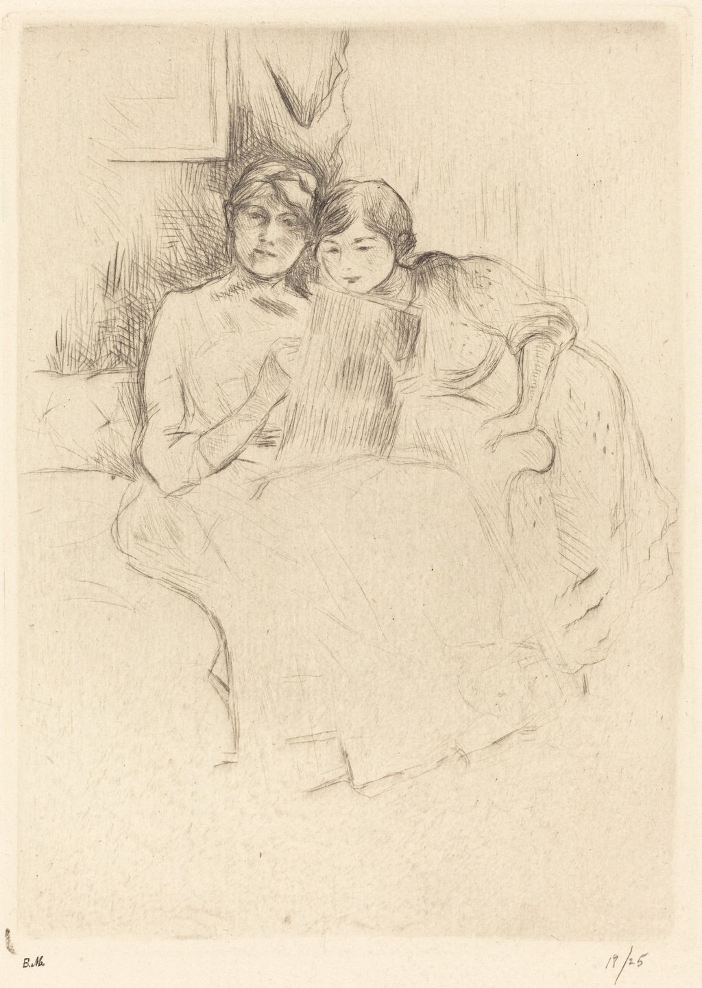 Berthe Morisot and Julie Manet lean together over a drawing in a drypoint print